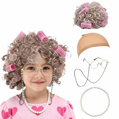 Znorso 100 Days of School Costume for Girls Old Lady Wig Costume for Women Grandma Granny Costume Wig for Kids Halloween Cosplay