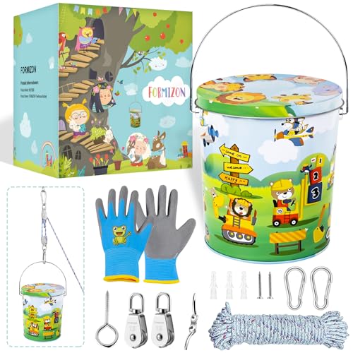 FORMIZON Flaschenzug Kinder, Flaschenzug Riemenscheibe mit Metalleimer, Zubehör fürs Baumhaus Spielturm, Riemenscheibensystem Spielturm Zubehör Gartenspielzeug für für Kinder ab 3 Jahren (Tiere)