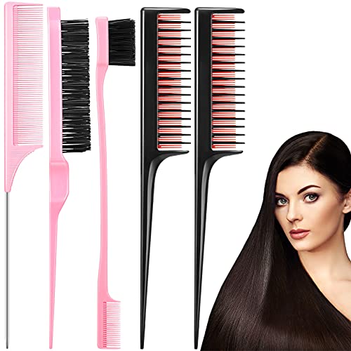 5 Pieces Teasing Comb Set Edge Brush Set Comb Bristle Hair Include Red Tooth With Comb With Black Handle, Hair Comb, Hair Beauty Spike Tail Comb, Utility Combs, Rat Tail Combs for Hair Stylist Women (Pink)