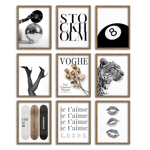 9 Pcs Stockholm Style Fashion Gallery Wall Art Set, Black and White Luxury Aesthetic Posters for Women, Modern Editorial Leopard Typography Wall Decor for Bedroom Apartment Dorm 10x8 Inch Unframed