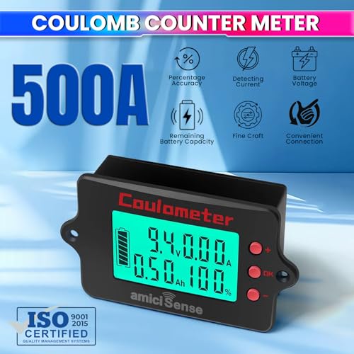 Image of amiciSense Coulomb Counter Meter 8-120V 500A - True Battery Capacity Meter with Bi-Directional Detection, Voltage /Current /Ah Display, Splash-Proof Panel - Compatible with Lithium, Lead-Acid & More