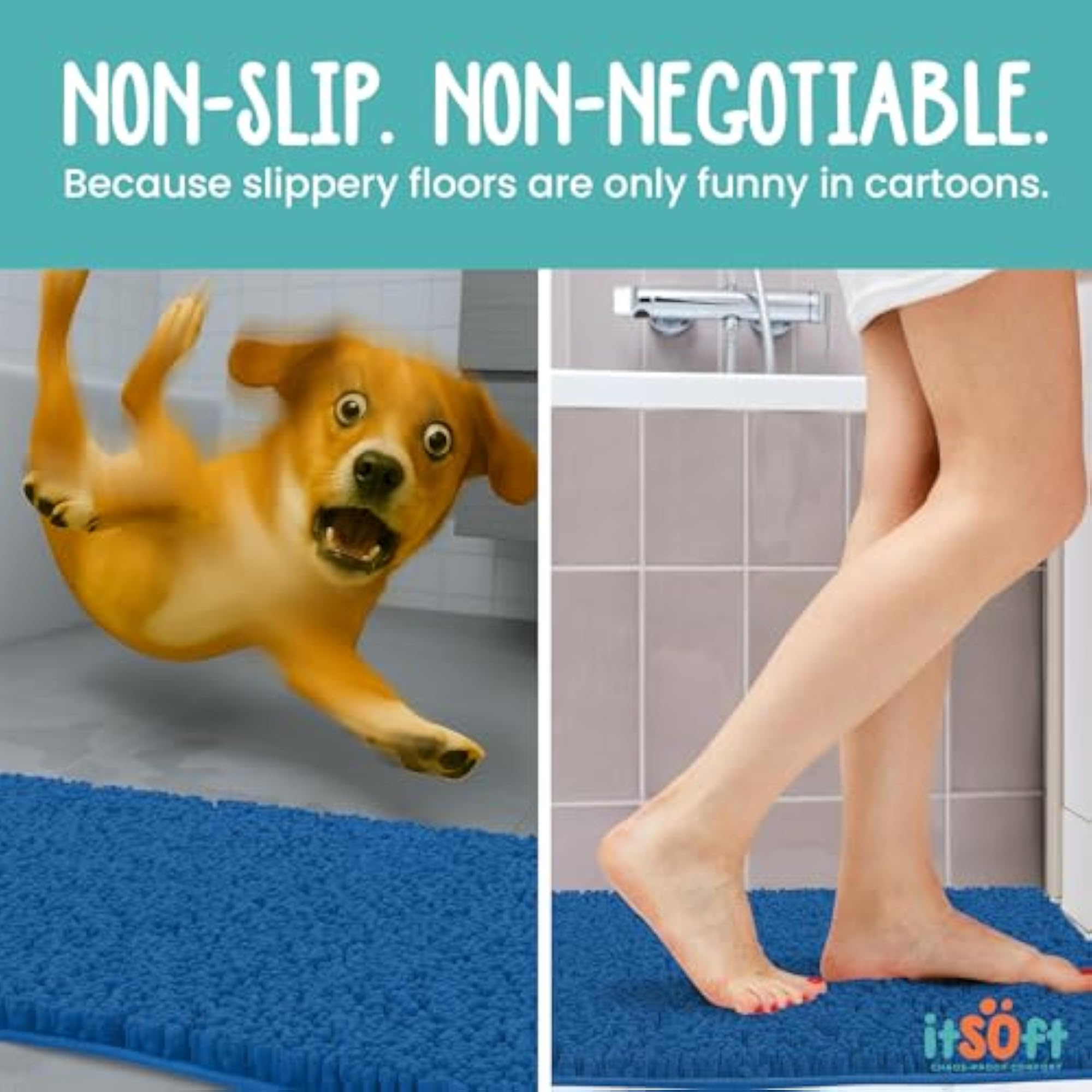 Non Slip Shaggy Chenille Bath Mat, Blue