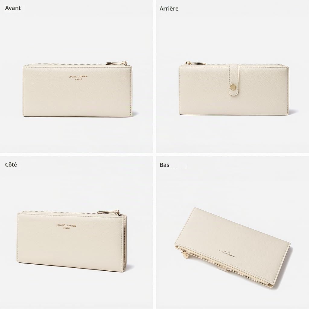 David Jones - Portefeuille Compagnon Femme Simili Cuir - Porte-Cartes Long Porte-Monnaie Cuir synthétique PU - Poche à Billets et Pièces - Beige