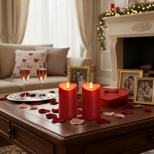 Image of Homemory Burgundy Flameless Candles, Waterproof Flickering Candles, Outdoor Battery Operated LED Pillar Candles with Remote Timer, Electric Fake Plastic Candles, Red, Christmas Decor, 3 inch x 6 inch