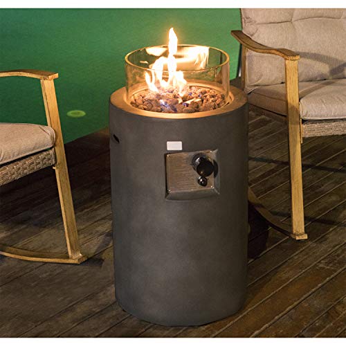 COSIEST-Outdoor-Propane-Fire-Pit-Table-w-Compact-Ledgestone-16-inch-Round-Graphite-Base-and-Glass-Wind-Guard-40000-BTU-Free-Lava-Rocks-Fits-20lb-Grayish-Green