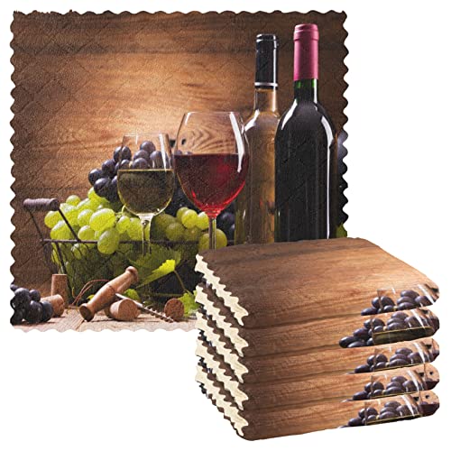 Glasses of Red Wine with Grapes Kitchen Towels Dishcloths, Pack of 6, Soft Reusable Absorbent Dish Towels Sets Cleaning Towels for Cleaning Dishes, Counters, Kitchen, Bathroom