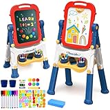 AuntyFey Easel for Kids, Toddler Easel, Double-Sided Chalk Board Kid, White Board, Kid Art Easel, Art Easel Age 4-8, Christmas Gift, Red&Blue