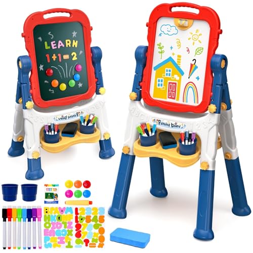 Image of AuntyFey Easel for Kids, Toddler Easel, Double-Sided Chalk Board Kid, White Board, Kid Art Easel, Art Easel Age 4-8, Christmas Gift, Red&Blue