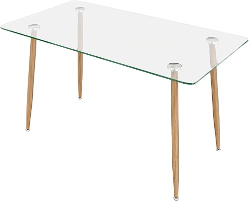 Miniatura 9 de Tangkula Mesa de comedor de cristal, mesa rectangular moderna con vidrio templado y patas de acero negro, mesa versátil de cocina simple para