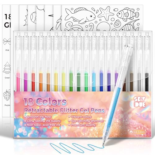 SKYDUE Glitter Gel Pens Set 18 Colors Retractable Sparkle Glitter Pens for Coloring Books Drawing Journaling Scrapbooking & DIY Crafts Smooth Writing & Non-Toxic Art Pens