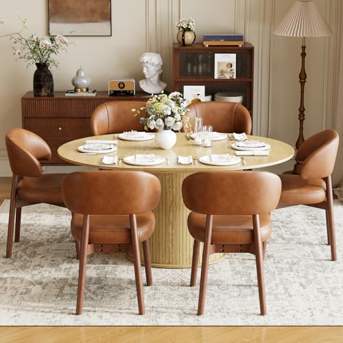 Image of MALOL 47 inch-63 inch Extendable Round to Oval Dining Table Chairs Set for 4-8, Modern Wooden Kitchen Table and Chairs with Hidden Storage and Fluted Design for Dining Room /Small Space(Natural Wood and Brown)
