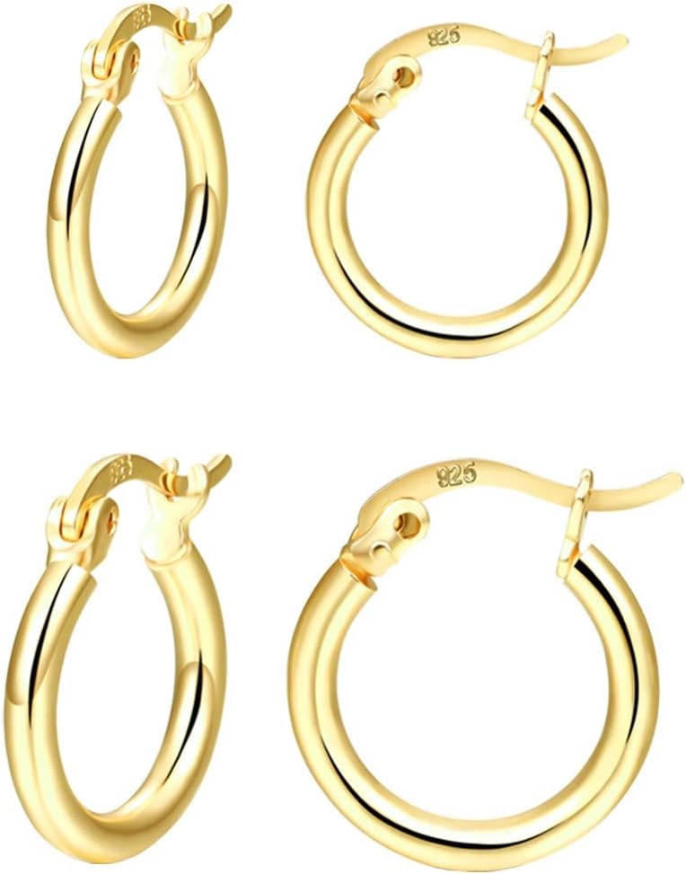 14K Gold Plated Hoop Earrings for Women, 4 Pairs Sterling Silver Post Small Hoops, Gold Huggie Earrings Set for Women Men (13mm 15mm 20mm 25mm)