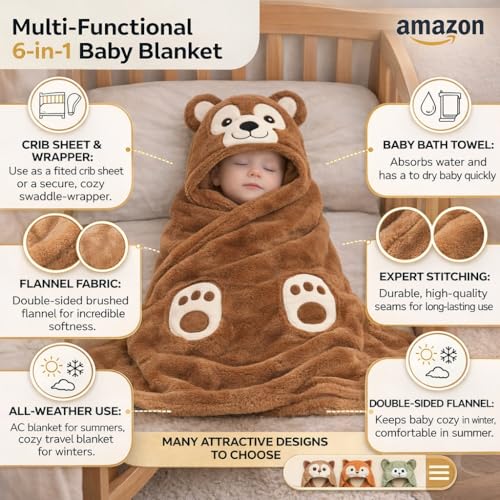 Image of First Kick New Born Baby Blanket Pack of Super Soft Bathrobe Baby Wrapper Cum Baby Bath Towel for Baby Boys, Baby Girls, Babies (Rust Brown, 80cm x 80cm, 0-12 Months)