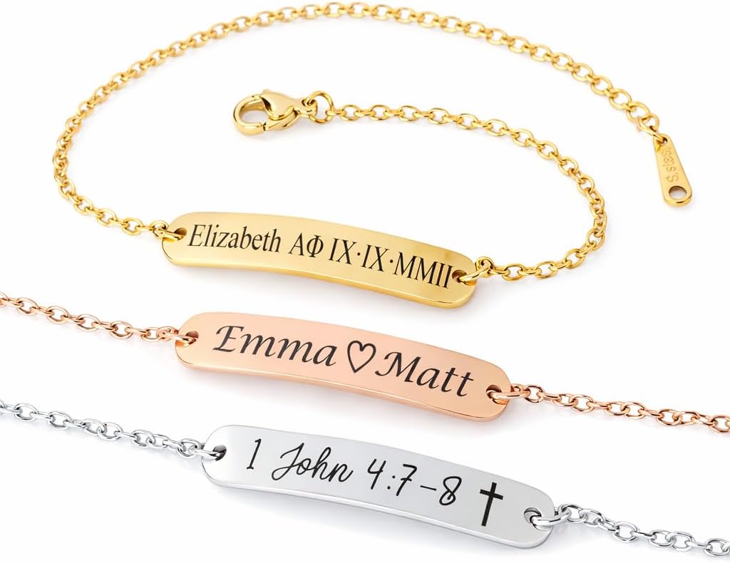 Personalized Custom Engraved Bar ID Bracelet Stainless Steel Adjustable Name Date Coordinates Bible Verse Scripture Jewelry for Couples Friends Family Meaningful Keepsake Gift