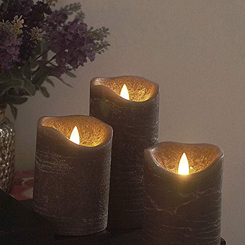 Image of Battery Operated Flameless Candles with Remote Timer Real Wax Realistic Bright Flicker Flickering Electric Electronic LED Pillar Lights Home Wedding Party Decorations Set of 3 Rustic Texture Gray Grey