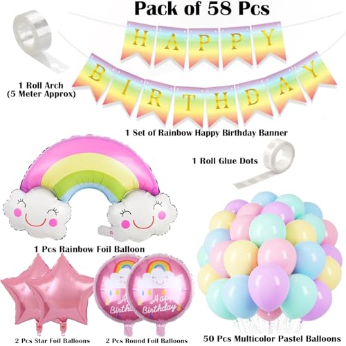 Image of Rozi Decoration Rainbow Birthday Decoration Kit - 58 Pcs Happy Birthday Decor Set with Foil Balloon, Banner, Arch & 50 Pastel Balloons for Boys & Girls Birthday Party Supplies