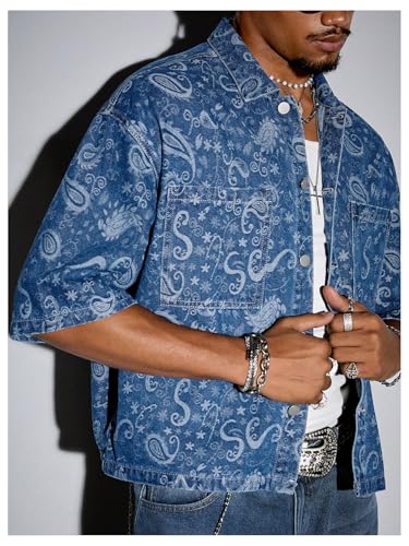 Men's Paisley Denim Jackets Button Down Short Sleeve Chest Pocket Baggy Jean Shirts4
