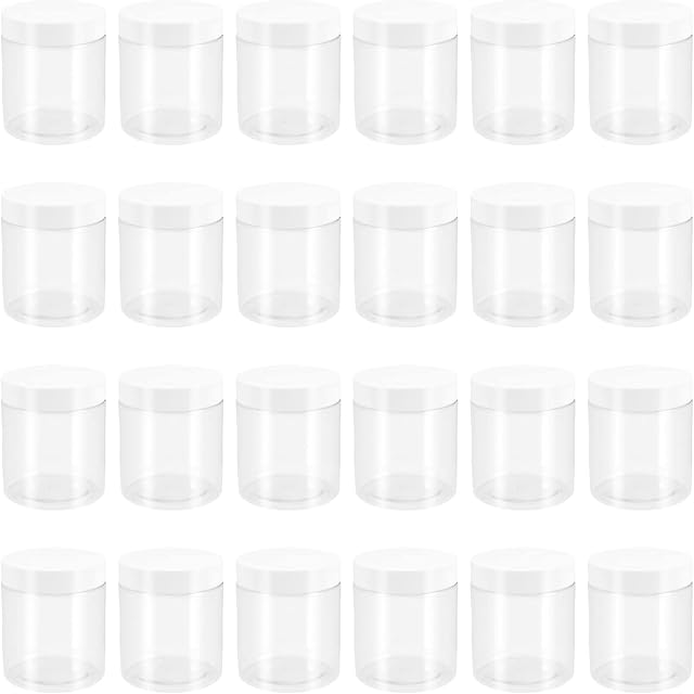PINGEUI 24 Pack 250ml Clear Round Plastic Jars with Lid, BPA Free Wide Mouth Plastic Container, Empty Sample Storage Pot Jars for Slime, Food, Spices, Liquids, Crafts