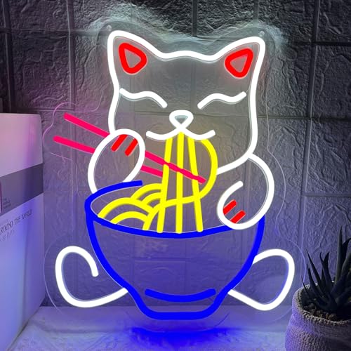 Image of Fortune Cat Ramen Neon Sign, 15.3 inchx13 inchJapanese Lucky Cat Noodle LED Light Signs for Ramen Restaurant, Dimmable Anime Ramen Cat Neon Lights up Living Room, Wall Decor, Home Bar, Kitchen Restaurant Dining