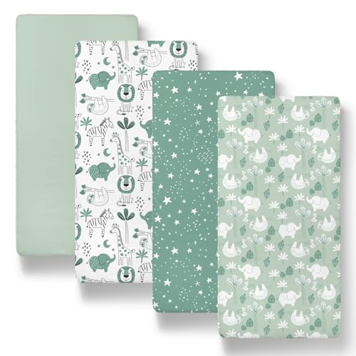 Image of The Peanutshell Baby Bassinet Sheets 4-Pack - Soft, Oval & Fitted Baby Girls or Boys Sheet, Rectangle, Fitted Covers for Crib, Halo Bassinet Mattress - Green Safari