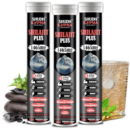 Image of Shudh Kaama Original Himalayan Shilajit /Shilajeet (750mg) Effervescent with Ashwagandha, Gokshura & Safed Musli for Strength & Muscle Gain - (Pack of 3) 60 Tablets