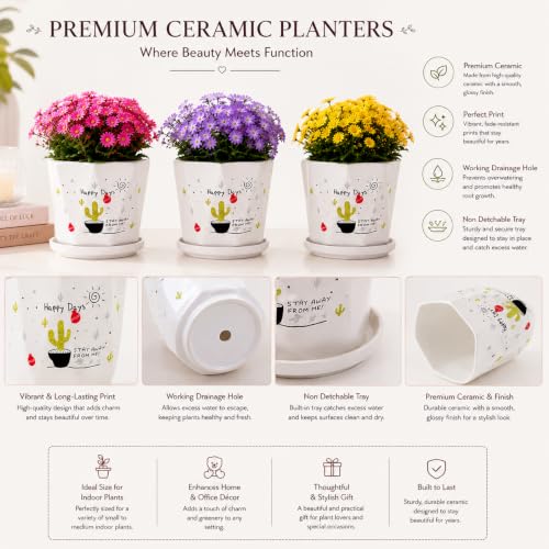 Image of Xtore Playful Printed Ceramic Planter Set of 3 with Drainage Trays | Decorative Indoor Flower Pots for Home, Office Desk & Balcony Styling (White Multicolor- Planter only)