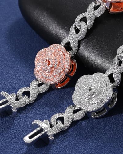 Lulu Mel Infinity Rose Gold Cuban Chain Bracelet for Men Women, Iced Out Silver Rose 5A Cubic Zirconia Diamond Cuban Charm Flower Bracelets Hip Hop Gift4