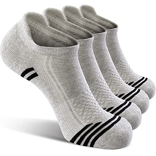 icuub Ankle No Show Cushion Running Sport Socks for Men and Women, 4 Pairs Cycling Office Work Plantar Fasciitis Arch Compression No Blisters Breathable Heel Tab Cotton Short Athletic Socks, L Gray