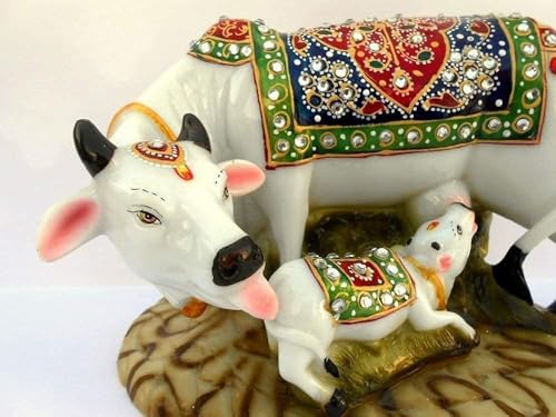 Image of PulGos Kamdhenu Cow Statue with Baby Calf - Elegant Showpiece for Home & Office Decor - Vastu Item for Living Room, Mandir & Workspace - Beautiful Cow Idol for Traditional & Modern Interiors