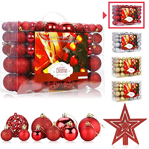 Lot de 100 Boules de Noël Boules de Noël Rouge 6cm/4cm/2cm Décorations d'arbre de Noël en Plastique Ornements Suspendus Ornements d'arbre de Noël Boules Décorations de Porte Décors de Festival