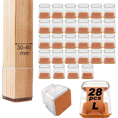 28 Piezas Protector Sillas Patas Protectores de Suelo para Patas de Silla Cuadradas, Silicona Tapas de Piernas de Silla con Almohadilla de Fieltro Engrosada Transparente(30-40mm)