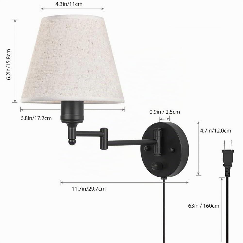 Langer Arm Wandlampe mit Schalter und Kabel Verstellbare Wandleuchte Schalter Dimmbar Wandleuchten Stoffs Lampenschirm Leinen Wand Leselampe Schwenkarm Schwarz für Wohnzimmer Schlafzimmer