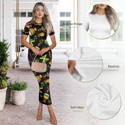 Image of Womens Short Sleeve Jamaican Flag Midi Bodycon Dress