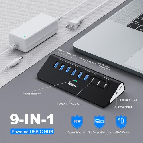 Image of Powered USB Hub 10Gbps,intpw YH6AC 9-Port USB Splitter with USB A /USB C 3.2, 4 USB 3.0, 2 PD 45W Charging Ports, 65W Power Adapter and 3.3FT Cable, Aluminum Black USB Hub for Laptop /PC,iPhone 16 /15