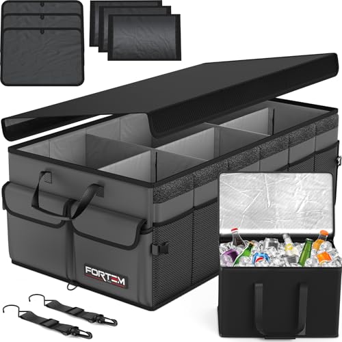 FORTEM Organizador de Maletero Coche y SUV - Caja Plegable con 3 Compartimentos Extra Grande con Bolsa Nevera - Base Antideslizante - Cinchas Ajustables - Tapa Extraíble (Gris)