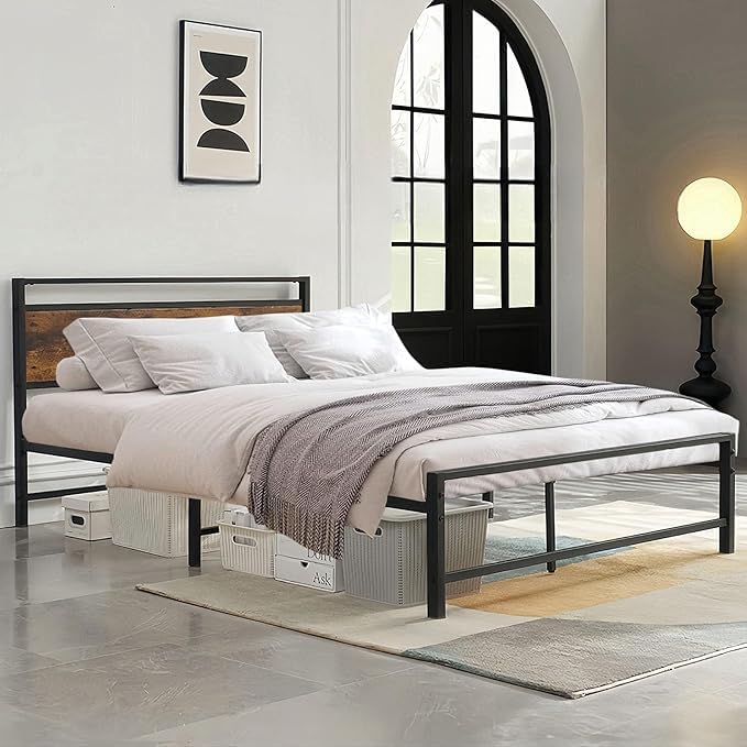 La Mejor Selección de Bases para Cama King Size de Madera los 5 mejores. 42 THAT S SHOCK Base Cama King Size, Estructura de Cama de Metal con Plataforma de Madera Rústica, Base de Colchón Robustas para Recamara, 100x202x88 cm, Negro