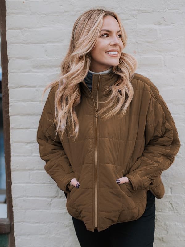 Omoone Women's Quilted Puffer Jacket Zip Up Oversized Lightweight Padded Down Coat Outerwear - Image 3