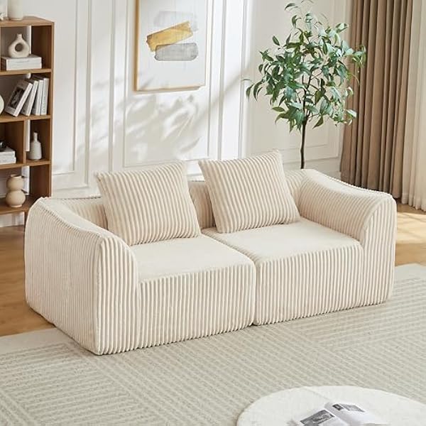 Minimalistyczna sofa ze sztruksu z łukowatym oparciem i podłokietnikami, w zestawie 2 poduszki, bez montażu, miękki, wytrzymały materiał, bardzo szerokie siedzisko do salonu, sypialni, pokoju