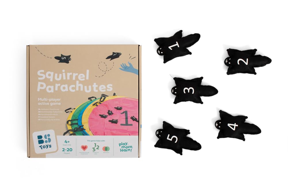 BS Toys Paracadute di Scoiattolo - Gioco di volo e conteggio per bambini, idee di gioco divertenti e facili da comprendere, contiene paracadute per 2-20 giocatori