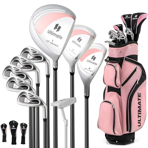 Goplus Complete Golf Club Set for Women, 9 Pieces Golf Clubs with #1 Driver, #3 Fairway, #4 Hybrid, #6 & #7 & #8 & #9 & #P Irons, Putter, Head Covers, Ladies' Right Handed (9 PCS w/Cart Bag, Pink)