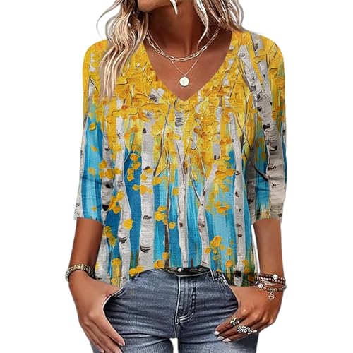 3/4 Length Sleeve Womens Tops Casual Basic V Neck Floral Print Tees Shirts Loose Fit Tunic Tops Fall Pullover4