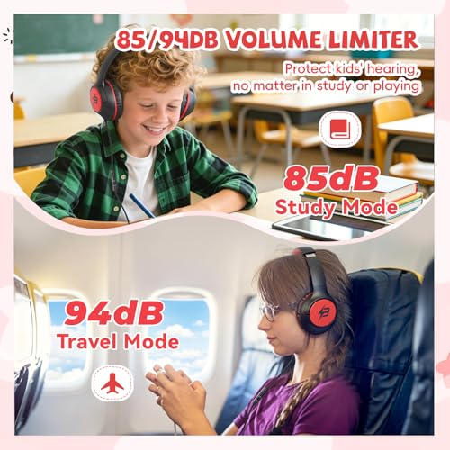 Image of USB C Headphones Wired for Kids, 85 /94dB Volume Limit With Mic, Black Red | Kid Headphones for School, Wired Over Ear USBC Plug in Corded Headphones for Boys Girl Toddler, iPad, Tablet, Airplane Travel