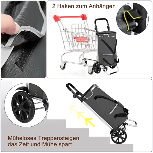 AMHANCIBLE Einkaufstrolley, Einkaufswagen mit Kühlfach, 50 Liter, 3in1klappbar Trolley, Einkaufstasche mit Rollen, Handwagen, Tasche abnehmbar, Grau EHSC01GY – Bild 8