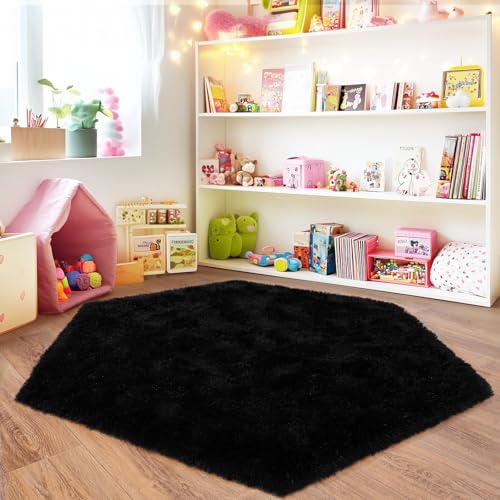 4x4.6 Feet Black Hexagon Rugs for Bedroom, Ultra Soft Fluffy Hexagon Area Rug for Kids Room, Cute Shag Rugs for Boys Girls Room, Fuzzy Plush Carpet for Tent Castle Home Decor