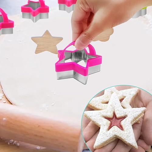 Miniatura 7 de 6 cortadores de galletas de acero inoxidable con asa, cortador de galletas AIFUDA con patrón de estrellas y flores, mini molde para prensar