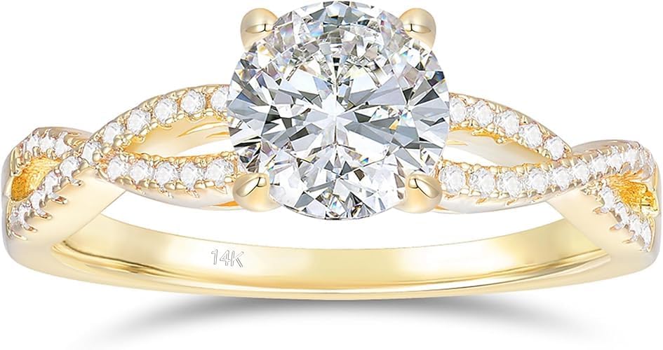 Shasha creation 14K Gold Twisted Ring 1CT Round Cut Engagement Ring 14K Yellow Gold Moissanite Ring Solitaire Moissanite Engagement Ring for Women