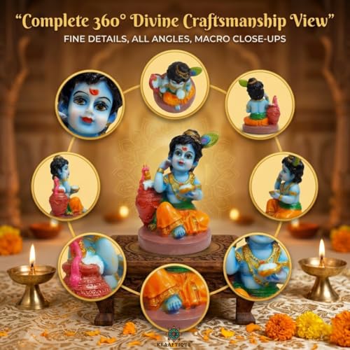 Image of Bal Gopal Baby Krishna Idol with Makhan Matki & Flute | Makhanchor Murti for Home Temple | Kanha Ji Thakur Ji Statue, Handcrafted Marble Dust Krishna Showpiece for Pooja Room, Janmashtami Gift (10 cm)