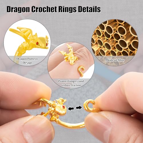 Image of HUISUYTON Dragon Crochet Rings, 4Pcs Crochet Tension Rings, Adjustable Yarn Ring for Finger, Knitting Crochets Loop Ring for Women Mother Grandma Gifts