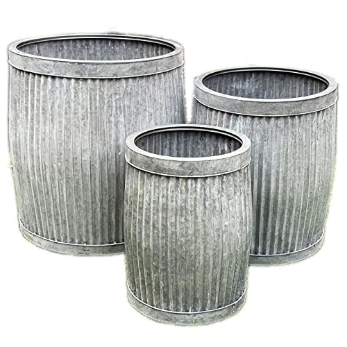 Darthome Set Of 3 Galvanised Tub Planters Large Metal Round Ribbed Dolly Garden Drum Pots