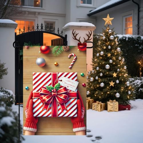 Image of BlissYard Christmas Garden Flag 12x18 Inch Candy Cane Box Yard Decor | Double sided polyester, christmas wrapped box design, wrapped box decor for holiday porch and yard